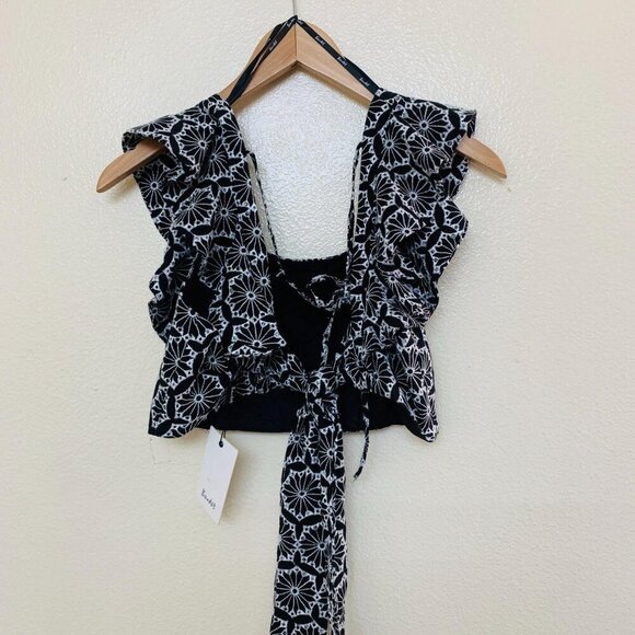 Bardot Womens SMALL Sierra Cropped Ruffle Tank Cropped Top Black Back Tie - Picture 2 of 7